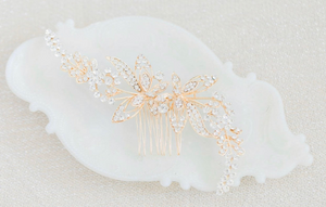 Gold wedding hair comb flowers with leaves and rhinestones