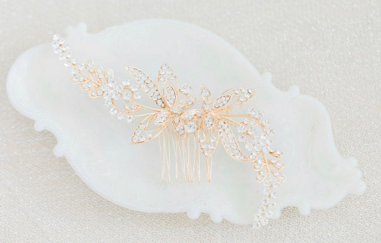 Gold wedding hair comb flowers with leaves and rhinestones