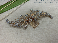Load image into Gallery viewer, Gold wedding hair comb flowers with leaves and rhinestones

